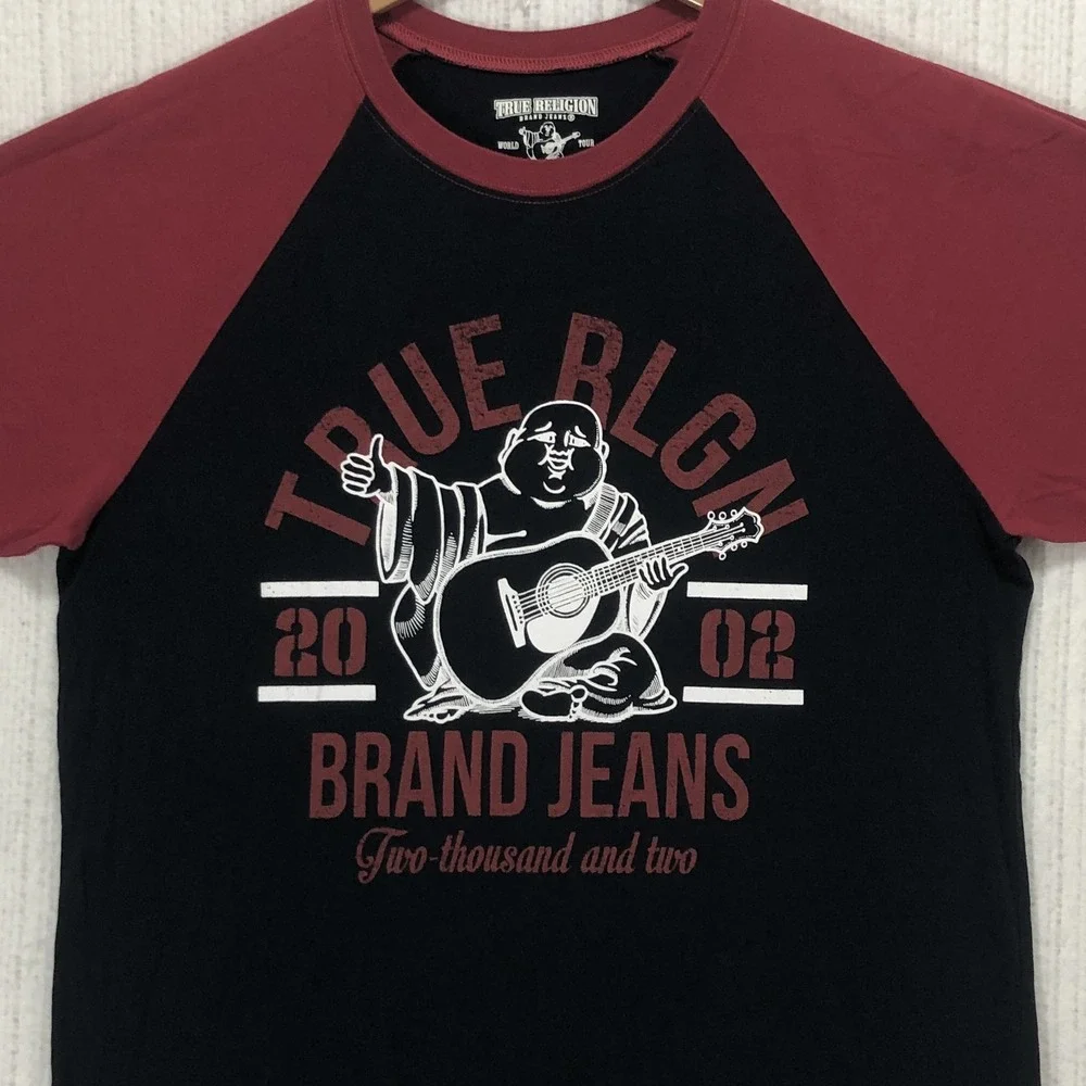 True Religion Mens Raglan Graphic T-Shirt Black Red Buddha Guitar L M40A595EQI